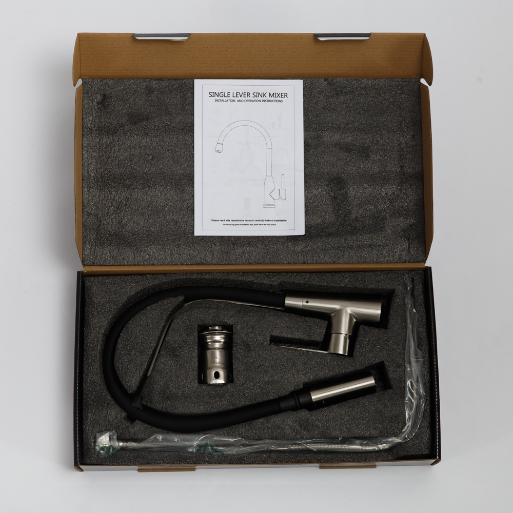 Смеситель для кухни с гибким изливом, двухрежимный, нержавеющая сталь, исполнение сатин BB-LAM36-IN - Gidratop.ru изображение