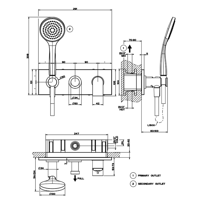 Gessi Emporio Via manzoni внешние части для встр. однорычажного смесителя на 2 позиции с переключателем, подводом воды и держателем лейки, душевойлейк - Gidratop.ru изображение