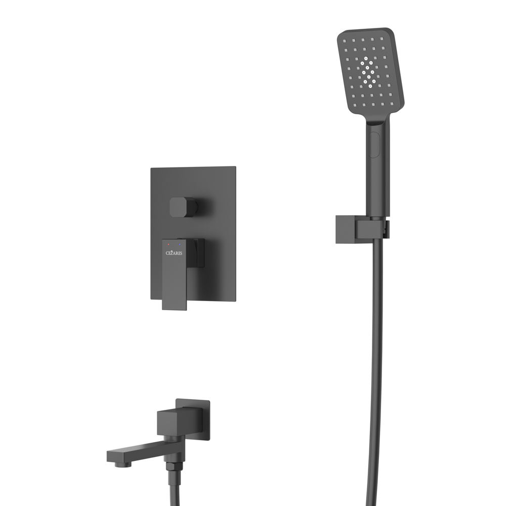 SLIDER-VDSET-NOP Душевой комплект встраиваемый с изливом (смеситель встраиваемый, верхний душ, ручной душ со шлангом, излив, штуцер с держателем), черный матовый - Gidratop.ru изображение