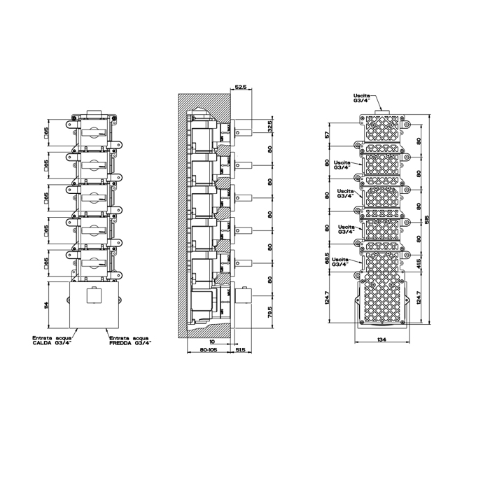 Gessi Rettangolo встраиваемый термостат, подключение на 3/4, с 5ю независимыми выходами(внешние части), цвет: черный - Gidratop.ru изображение