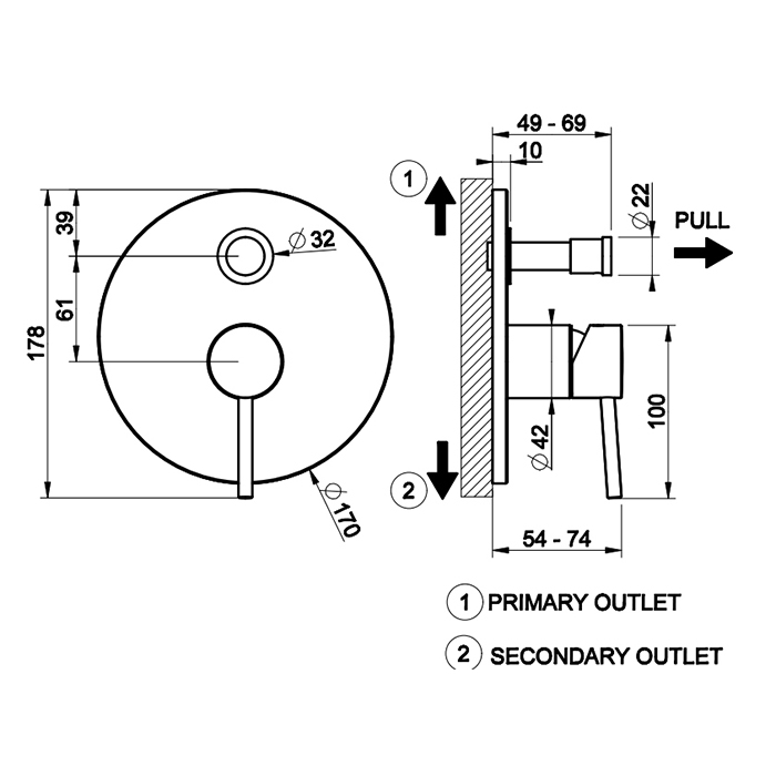Gessi Emporio Via tortona внешние части для настенного смесителя на 2 выхода с переключателем ванна-душ, цвет: Black XL - Gidratop.ru изображение