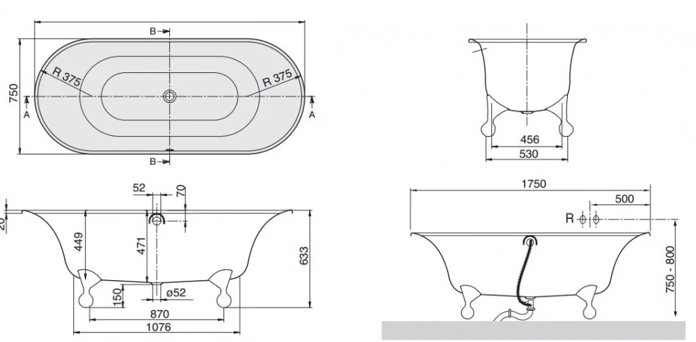 Квариловая ванна Villeroy&Boch Ceta 175 x 75 см UBQ175CEA7B0V-01 ножки черные - Gidratop.ru изображение
