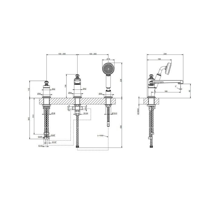 GESSI VENTI20 смеситель для установки на борт ванны на 3 отверстия, однорычажный, с ручным душем и шлангом 1500 мм., цвет черный матовый - Gidratop.ru изображение