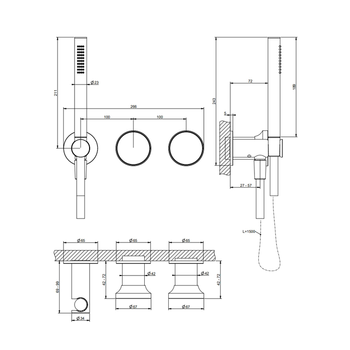 GESSI Origini смеситель для ванны встраиваемый на 2 выхода, с ручной лейкой, в компл с отд вставкой, цвет Black Metal Brushed PVD (внешняя часть) - Gidratop.ru изображение