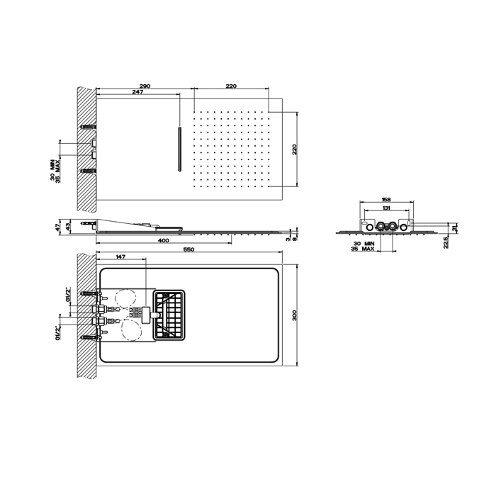 GESSI Tremillimetri верхний душ QUADRO 300х550 мм,   подключение: 1/2 цвет: Black XL (без переключателя) - Gidratop.ru изображение