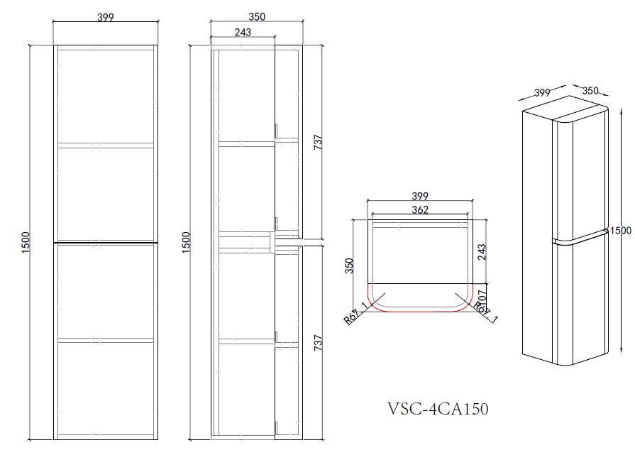 Шкаф Caprise VSC-4CA150MLG-R подвесной, правый, 1500*404*350, светло-серый матовый - Gidratop.ru изображение