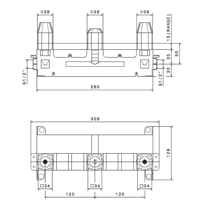 Newform Встраиваемая часть смесителя на 3 отверстия 1/2", для смес. на рак. из стены - Gidratop.ru изображение
