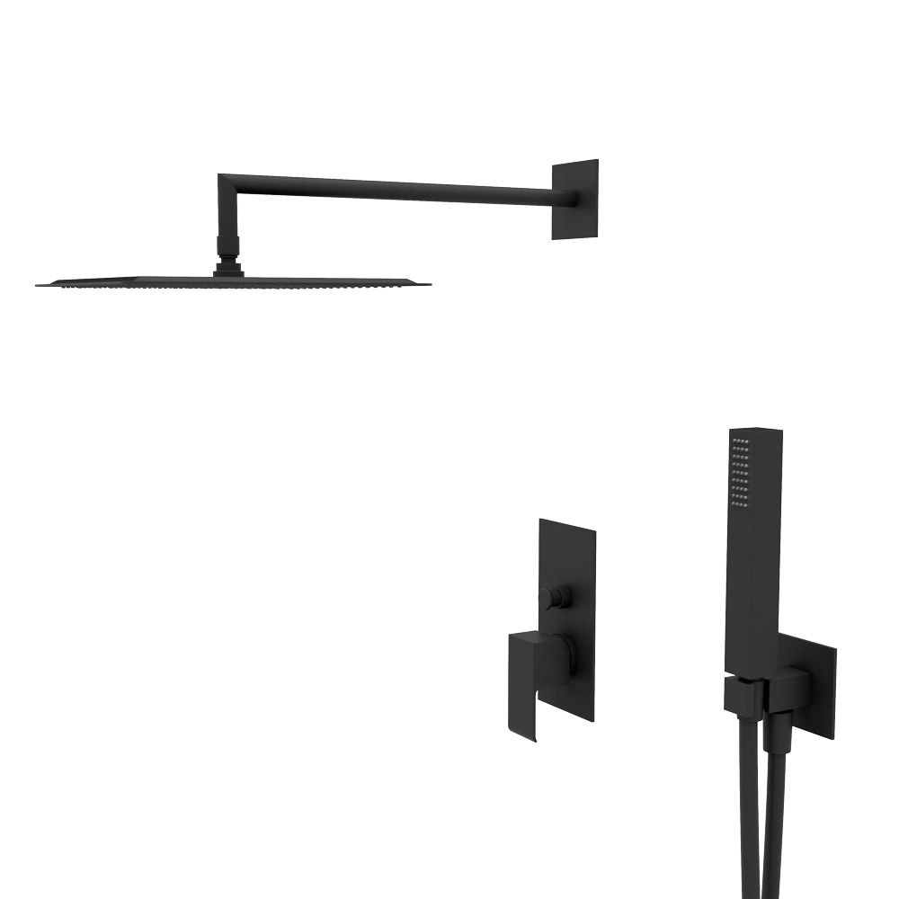 PORTA-DSIPQ-30-NOP Душевая система с переключателем для верхнего и ручного душа, верхний душ из стены, квадратный 30 см, материал металл, исполнение черный матовый - Gidratop.ru изображение