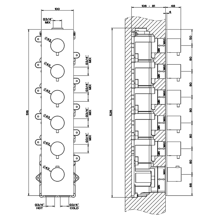 GESSI 316 встраиваемый термостатический смеситель на 5 источников, резьба 3/4 (внешние части), цвет: steel brushed - Gidratop.ru изображение