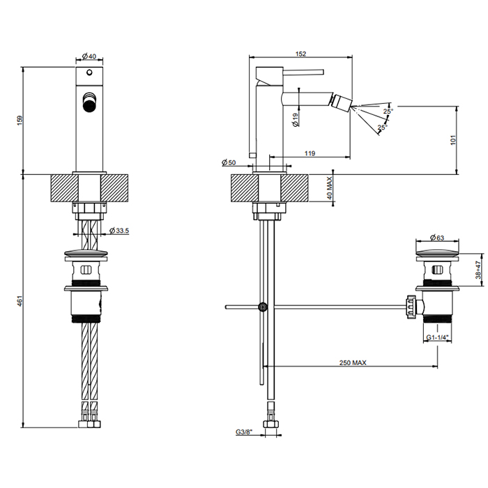GESSI 316 смеситель для биде на 1 отверстие с донным клапаном, излив 118мм, цвет: brushed black metal pvd - Gidratop.ru изображение