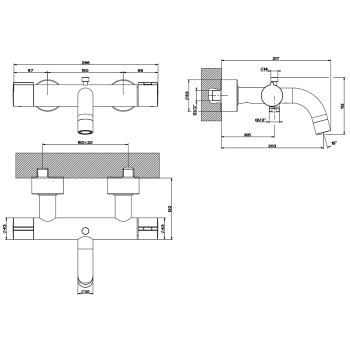 Gessi Emporio Via tortona смеситель-термост наружный для ванны с автоматическим переключателем ванна-душ, цвет: Black XL - Gidratop.ru изображение