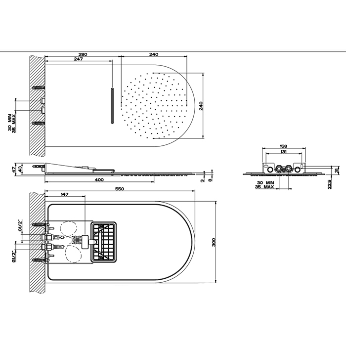 GESSI Tremillimetri верхний душ для настенного крепления 300х550 мм, цвет Brass Brushed PVD - Gidratop.ru изображение
