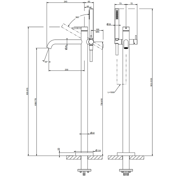 GESSI 316 напольный смеситель для ванны с душевой лейкой (внешние части), цвет: warm bronze brushed pvd - Gidratop.ru изображение