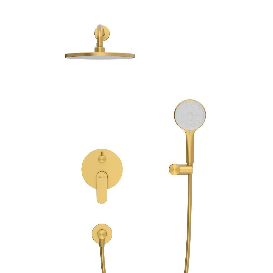 STYLUS-DSET-BORO Душевой комплект встраиваемый (смеситель встраиваемый, верхний душ, ручной душ со шлангом, штуцер с держателем), брашированное золото - Gidratop.ru изображение