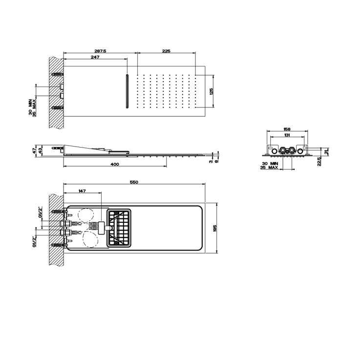 GESSI TREMILLIMETRI верхний душ 195х550 мм., для настенного монтажа, режимы: тропический ливень, водопад, цвет Steel Brushed - Gidratop.ru изображение