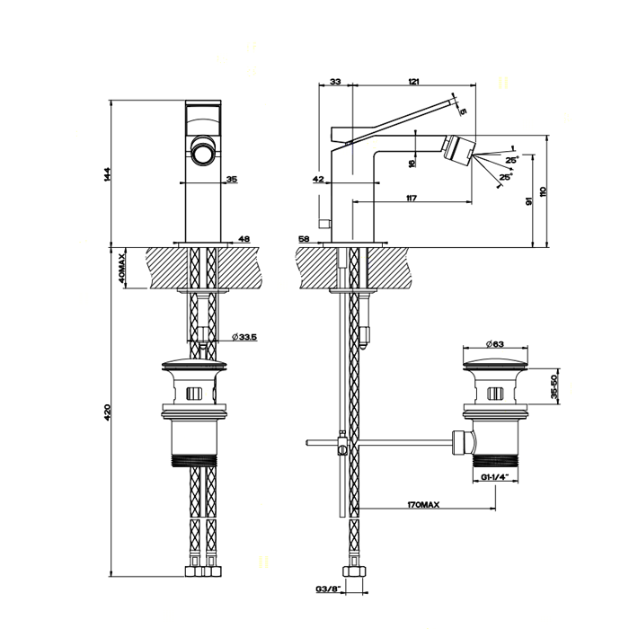 Gessi Rettangolo K смеситель для биде на 1 отверстие, с донным клапаном, цвет: хром - Gidratop.ru изображение