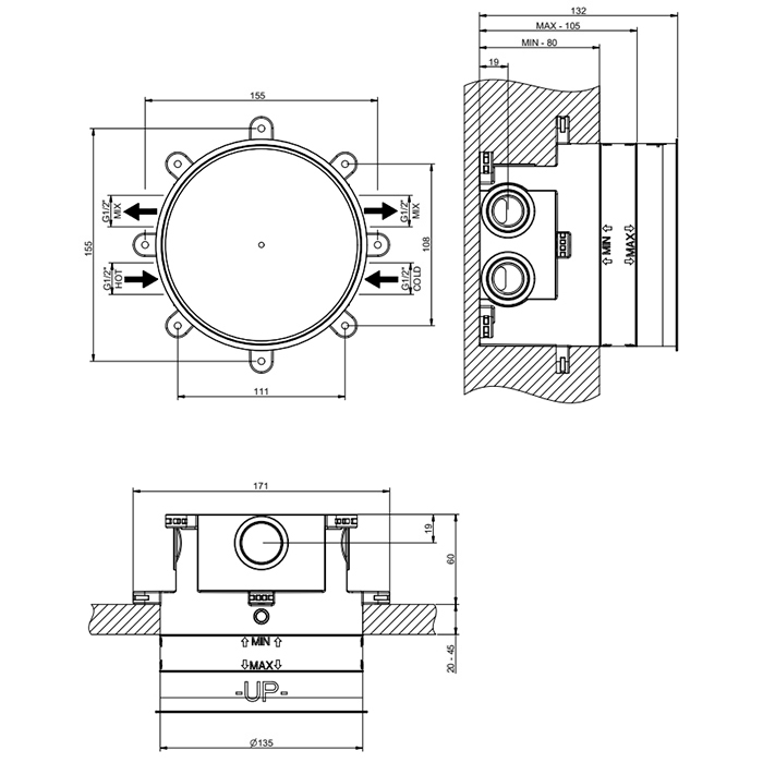 GESSI HI-FI COMFORT встраиваемая часть для термостатического смесителя с 2 запорными кнопками, цвет хром - Gidratop.ru изображение