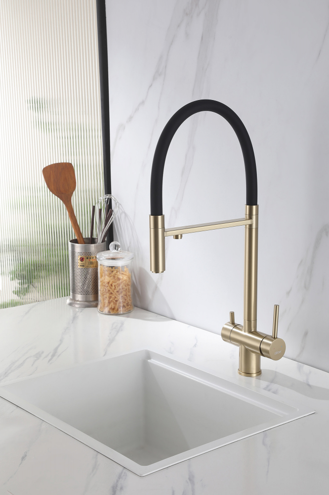 Смеситель ABBER Wasser Kreis AF81141G для кухни с подключением фильтра и выдвижной лейкой, золото матовое - Gidratop.ru изображение