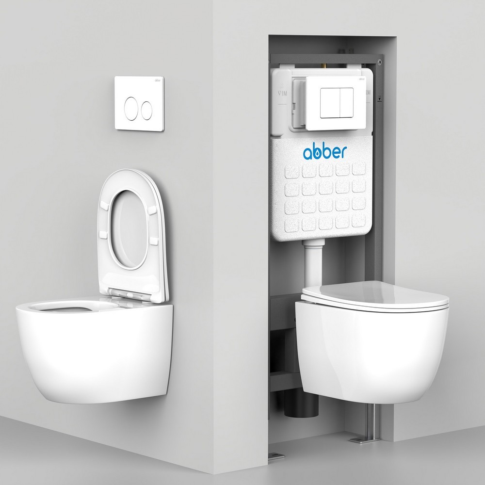 Комплект подвесной унитаз ABBER Bequem AC1100T белый с инсталляцией AC0105 и кнопкой AC0121NG никель - Gidratop.ru изображение