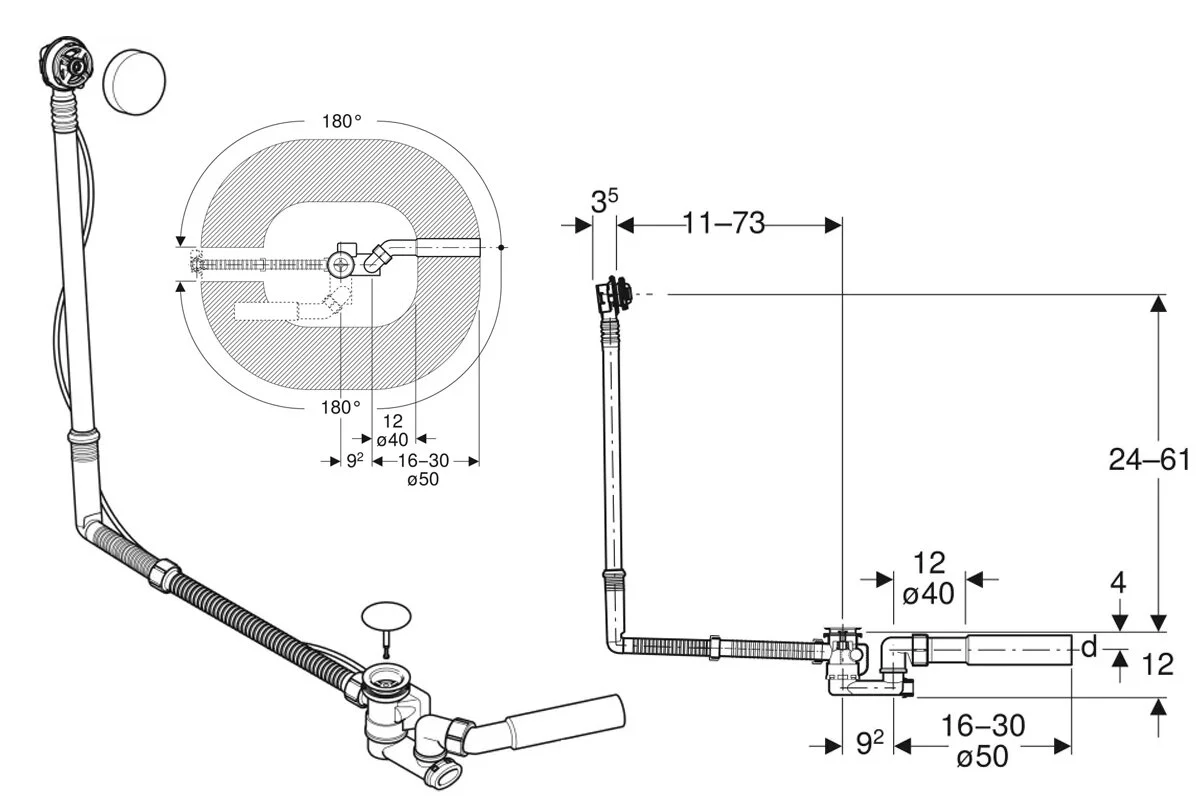 Слив-перелив Geberit для ванны, d52, длина 73 см, с декоративным комплектом, глянцевый хром, 150.525.21.6 - Gidratop.ru изображение