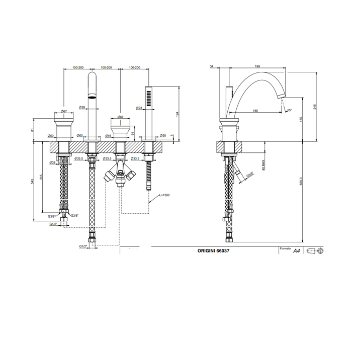 GESSI Origini смеситель для ванны на 4 отв, с ручной лейкой цвет: хром - Gidratop.ru изображение