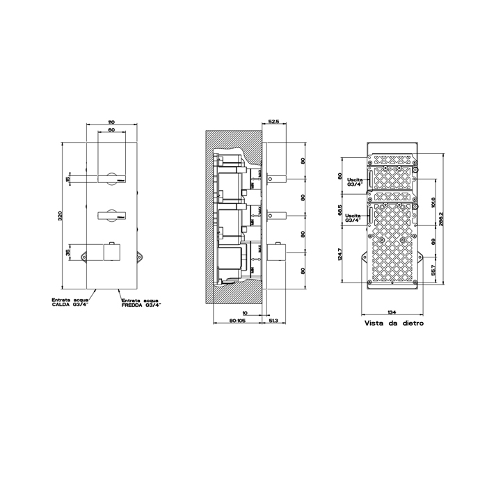 Gessi Rettangolo встраиваемый термостат, подключение на 3/4, с 2мя независимыми выходами(внешние части), цвет: черный - Gidratop.ru изображение