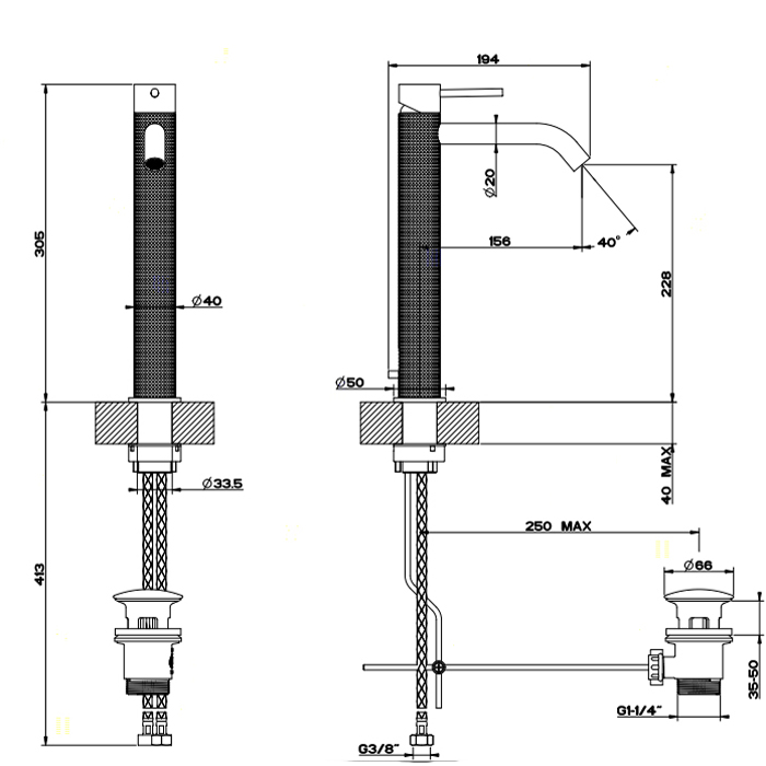 GESSI 316 смеситель для раковины на 1 отверстие, высокий, h=305мм, с донным клапаном, излив 156мм, цвет: steel brushed - Gidratop.ru изображение