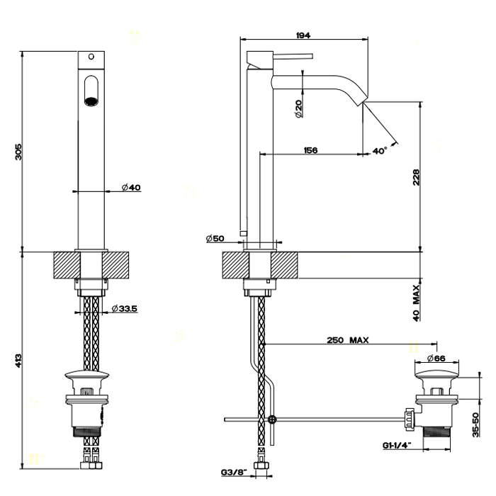 GESSI 316 смеситель для раковины на 1 отверстие, высокий h=305мм,  с донным клапаном, излив 155мм, цвет: steel brushed - Gidratop.ru изображение