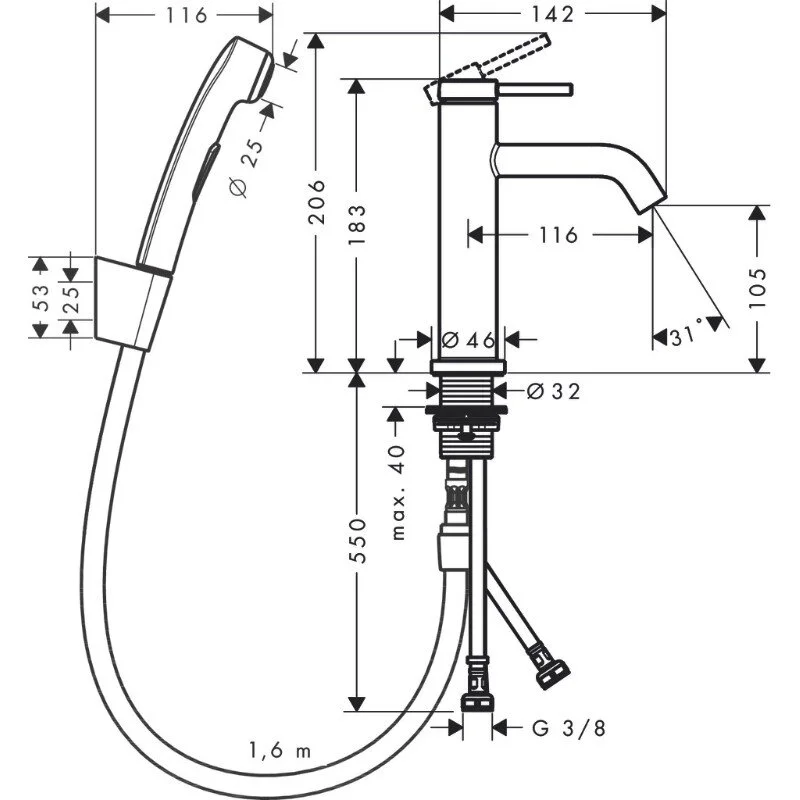 Смеситель для раковины с гигиеническим душем Hansgrohe Tecturis S 73211000, с донным клапаном, цвет хром - Gidratop.ru изображение
