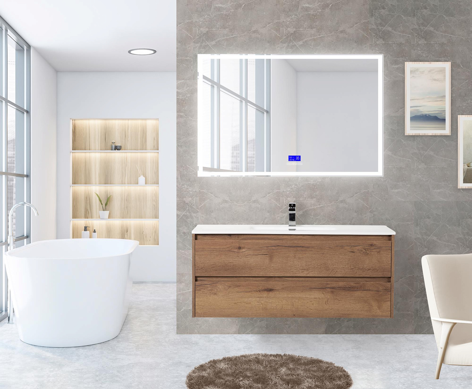 Зеркало с встроенным светильником, сенсорным выключателем, bluetooth, цифровым термометром, радио SPC-GRT-1200-800-LED-TCH-RAD, 12W, 220-240V, 1200x30x800