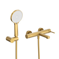 RELAX-VD-BORO Смеситель для ванны и душа однорычажный в комплекте с ручным душем, шлангом и держателем, брашированное золото - Gidratop.ru изображение