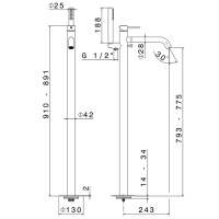 Newform X-STEEL 316 Смеситель для ванны напольный, излив 243 мм, в комплекте руч. душ, шланг, без встраиваемой части,  (для 27819) цвет: INOX - Gidratop.ru изображение