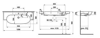 Раковина Laufen New Classic 8.1385.8.400.104.1 120 х 48 х 16.5 см, SaphirKeramik, LCC, 1 отверстие, с переливом, белый глянцевый