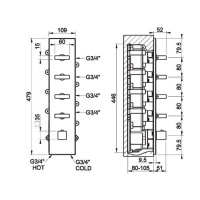 Gessi Rettangolo встраиваемый термостат, подключение на 3/4, с 4мя независимыми выходами(внешние части), цвет: черный - Gidratop.ru изображение